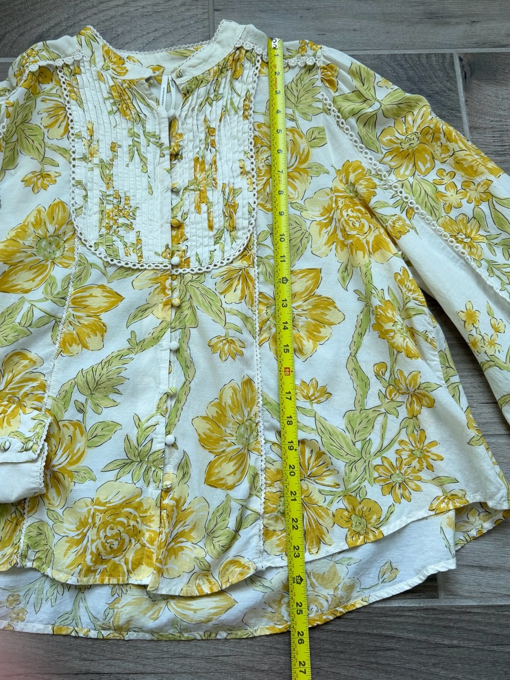Peasant pintuck Anthropologie longsleeve yellow floral cottagecore buttondown XL - Picture 4 of 9